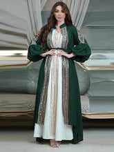 Fashion Arab Muslim Party Long Dress Abaya Female 2 Piece Set Belt Sequins Puff Sleeve Maxi Moroccan Women Clothing Green Dress